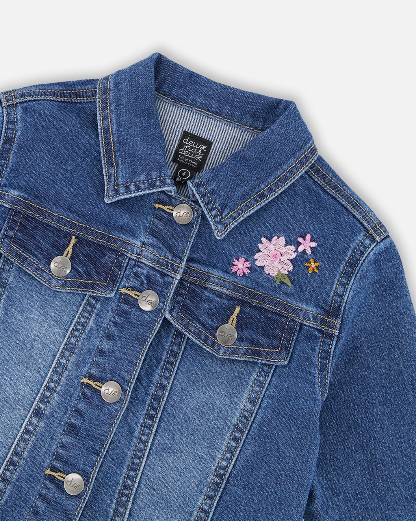 Denim Jacket Blue With Ruffle Hem And Floral Embroidery