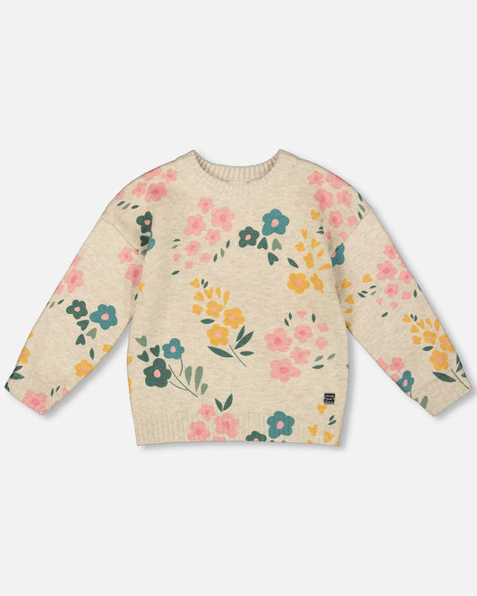 Knitted Sweater Heather Beige Gray With Floral Print