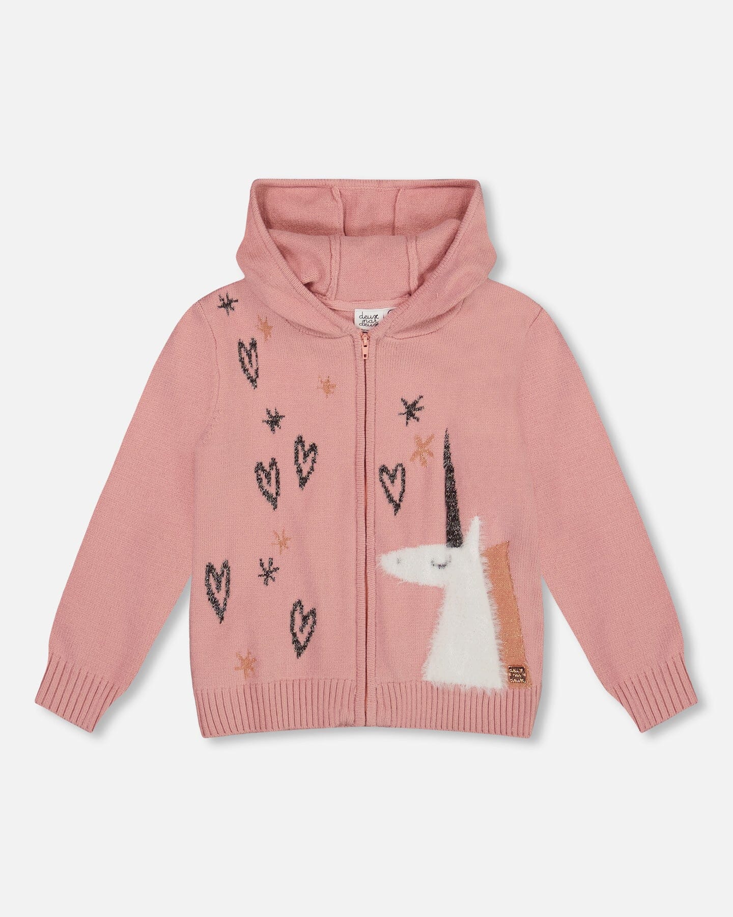 Hooded Knit Cardigan Dusty Pink With Unicorn Intarsia
