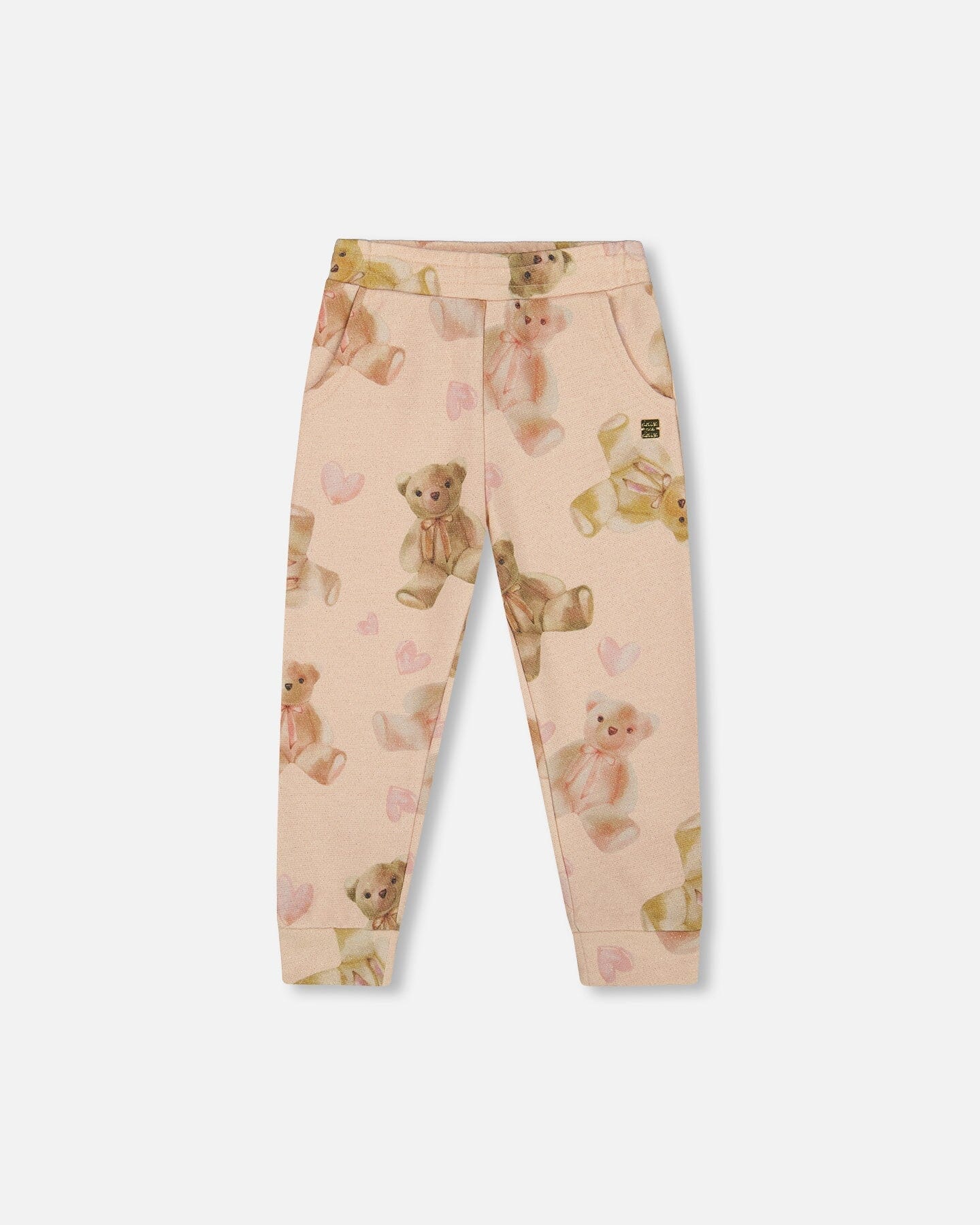 Glittering French Terry Sweatpants Beige Teddy Bear Print