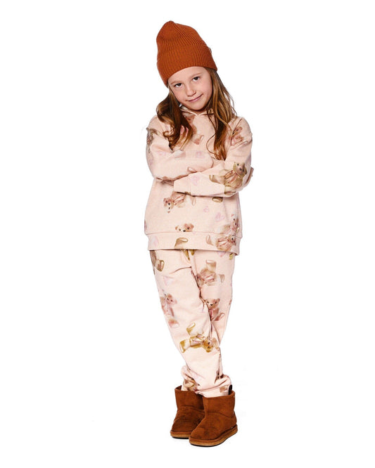 Glittering French Terry Sweatpants Beige Teddy Bear Print