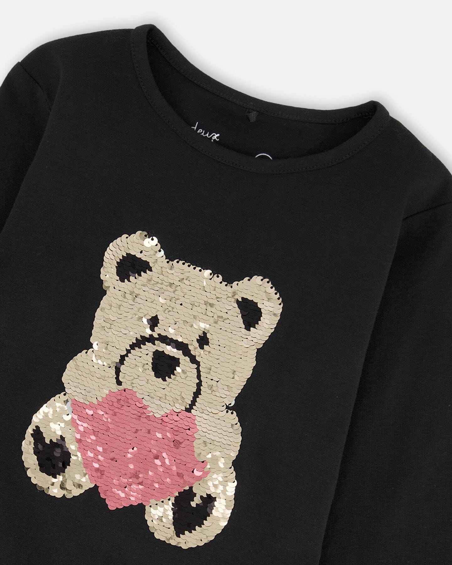 Black Organic Cotton T-Shirt With Reversible Sequin Teddy Bear