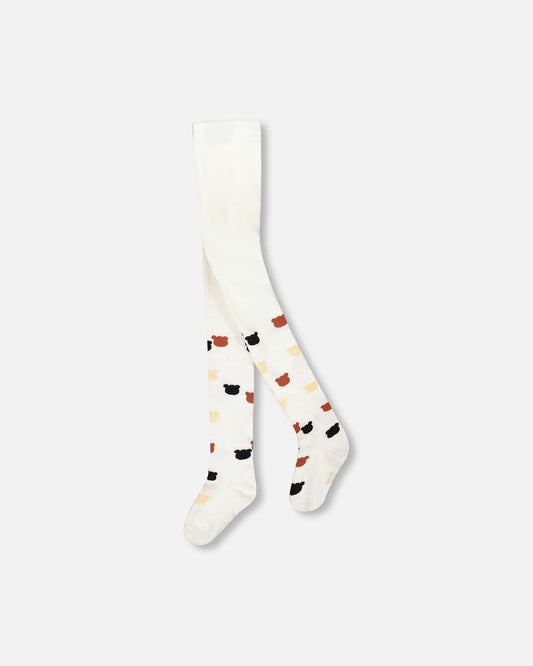 Knit Tights Off-White With Teddy Bear Pattern