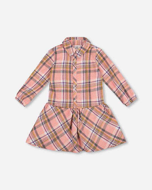 Shirt Plaid Dress With Frill Pink, Yellow And Gray