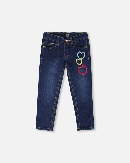 Stretch Jeans Blue Denim With Glittery Hearts