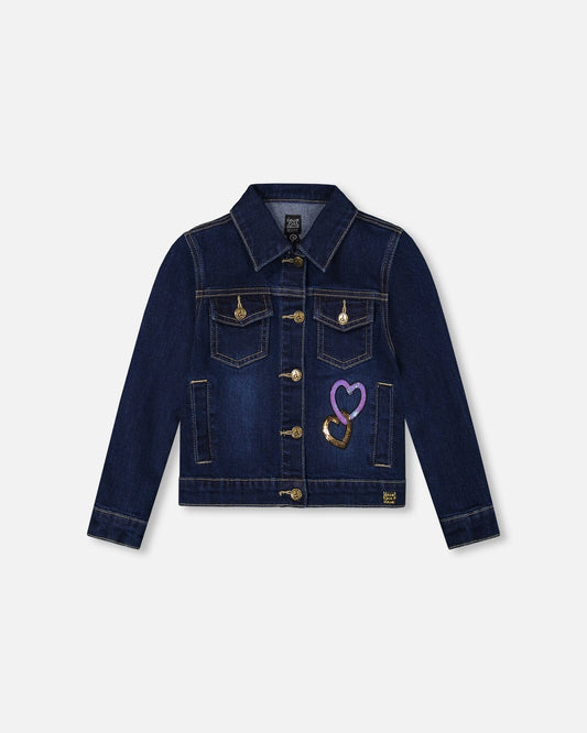 Stretch Denim Jacket Dark Blue With Glittery Hearts And Unicorn