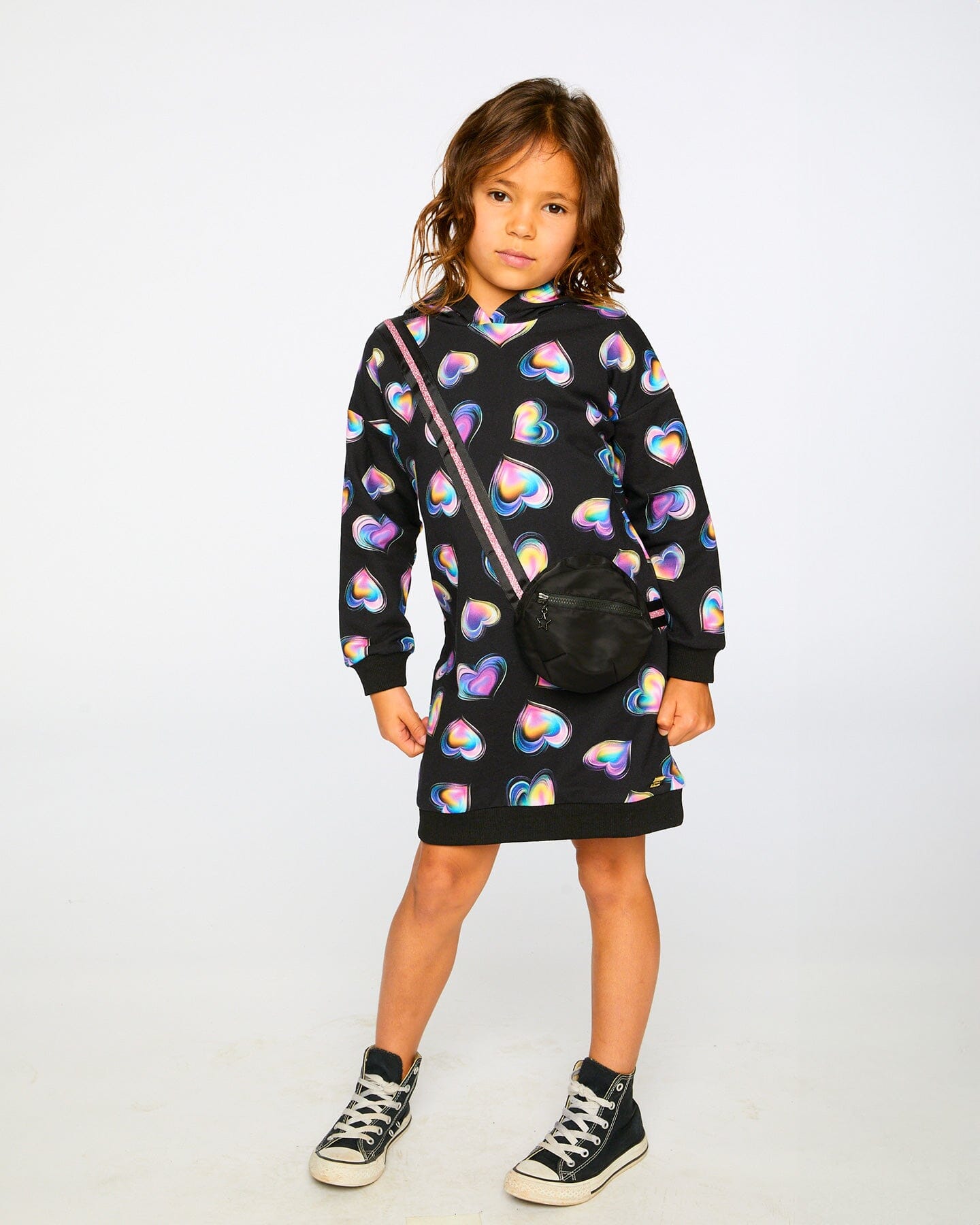 Hooded Fleece Dress Black And Multicolor With Trompe-L’Œil Bag Detail
