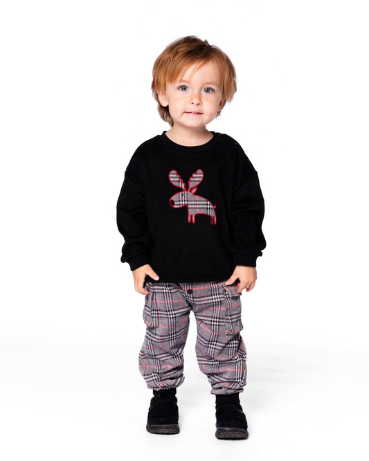 Sweater And Cargo Pants Set Black With Moose Applique