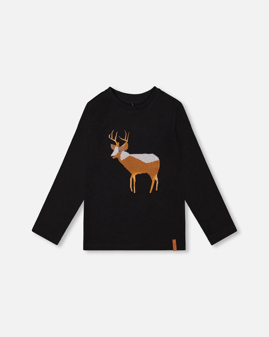Organic Cotton T-Shirt Black With Boucle Deer Applique
