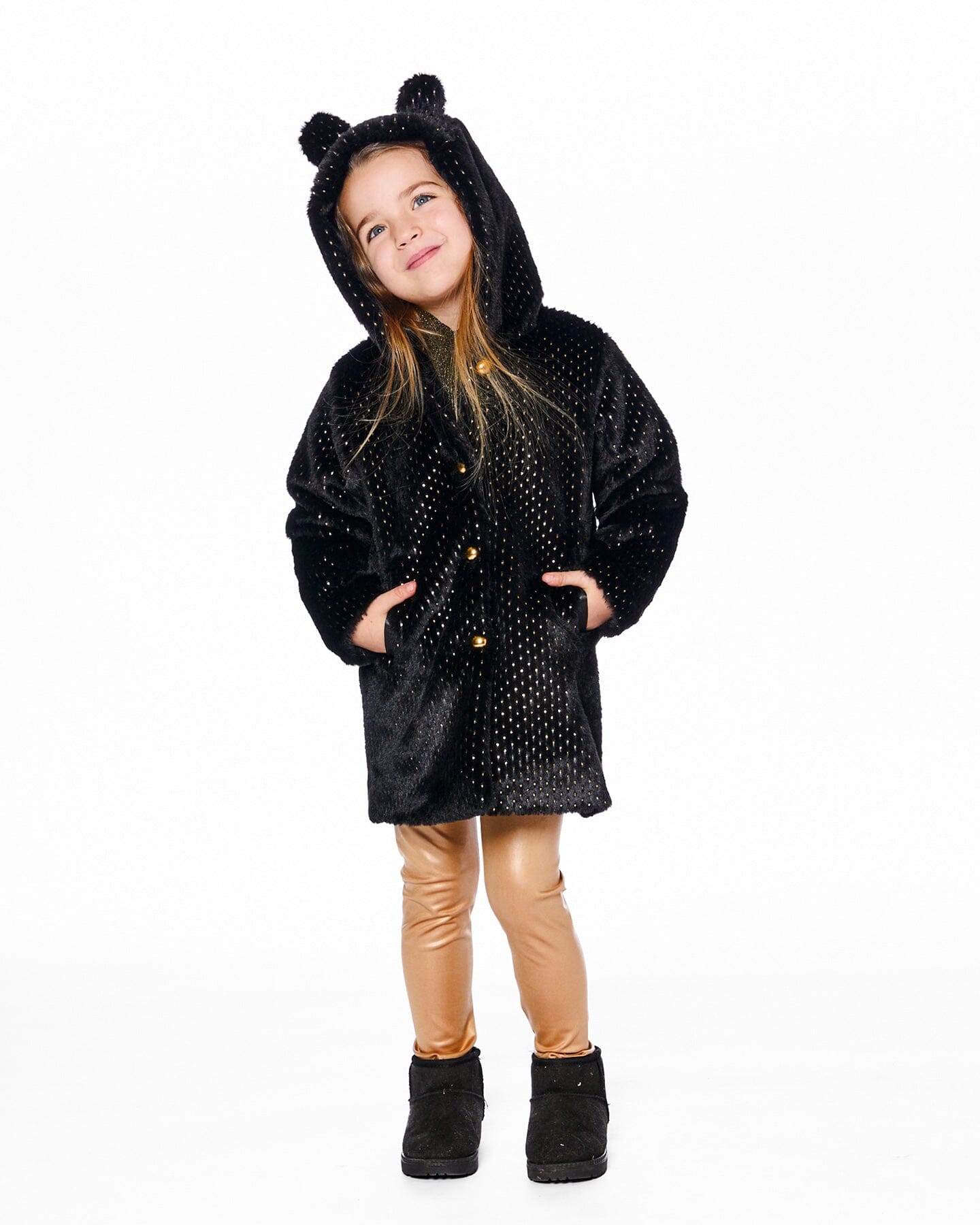 Bear Faux Fur Coat Black With Gold Polka Dots