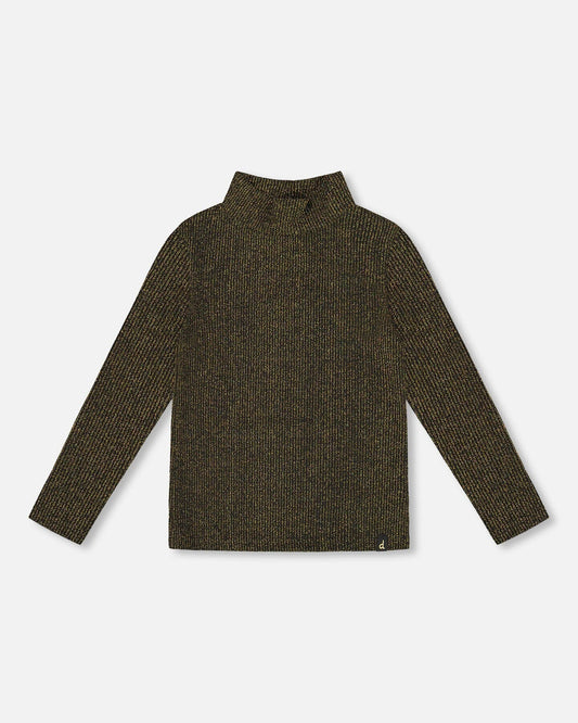 Shiny Rib Mock Neck Top Black And Gold