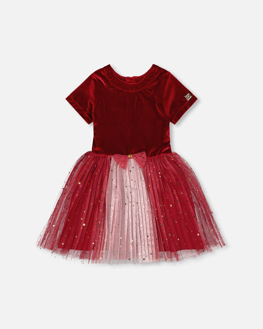 Bi-Material Short Sleeve Party Dress Red