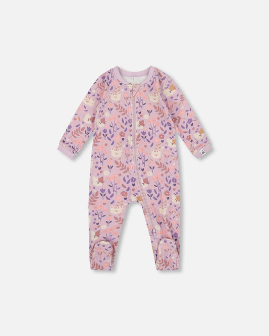 One-Piece Organic Cotton Pajama Lilac Cat Print