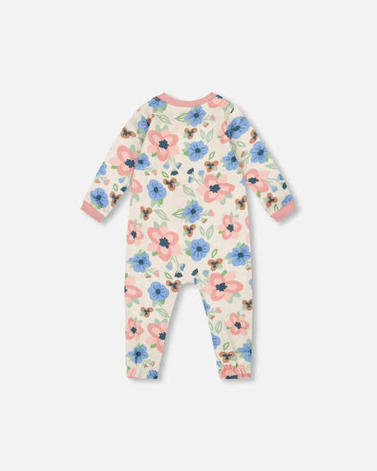One-Piece Organic Cotton Pajama Off-White Flower Print