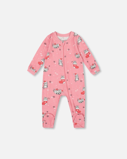 One-Piece Organic Cotton Pajama Pink Cat Print