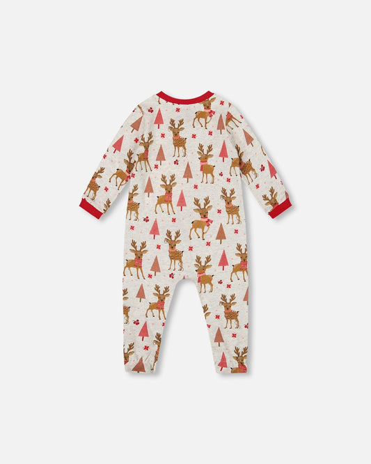 One-Piece Organic Cotton Pajama Beige Girly Reindeer Print