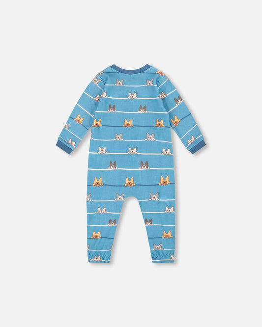 One-Piece Organic Cotton Pajama Blue Dog Print