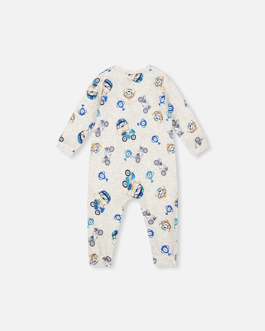 One-Piece Organic Cotton Pajama Beige Monkey Print