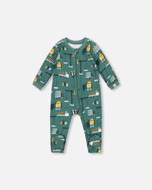 One-Piece Organic Cotton Pajama Teal Construction Print