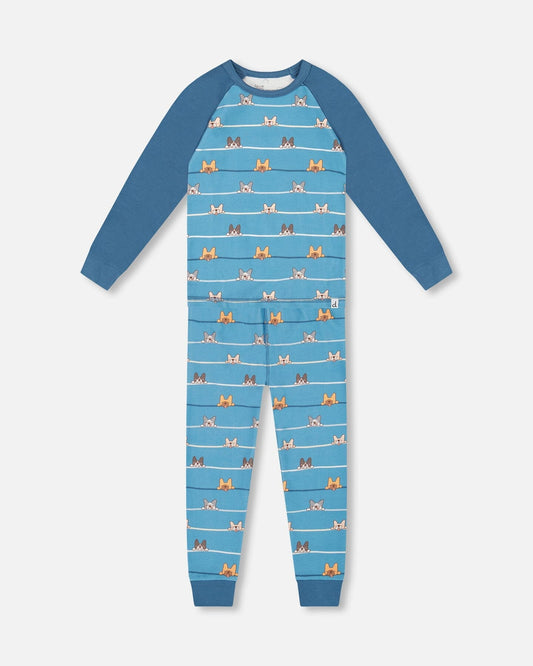 Two-Piece Organic Cotton Pajama Set Blue Dog Print