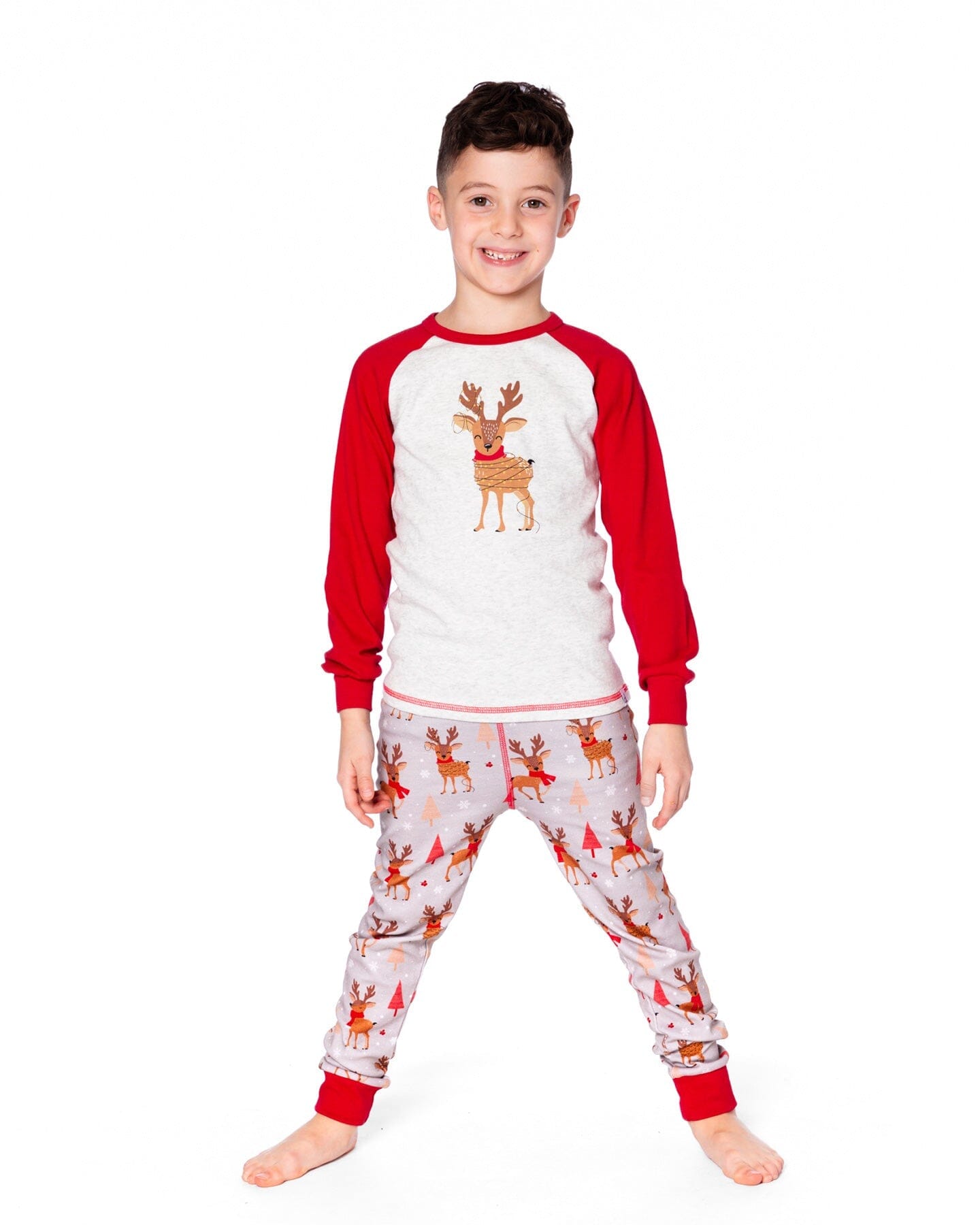 Two-Piece Organic Cotton Pajama Set Beige Reindeer Print