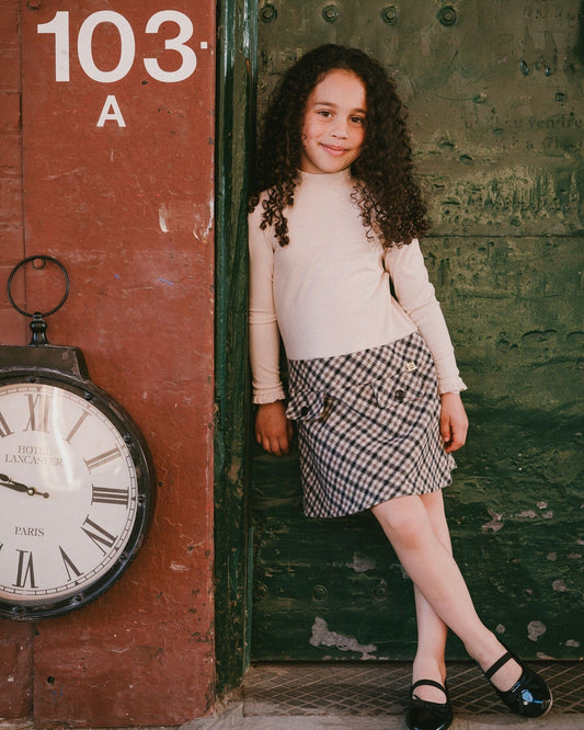 Long Sleeve Bi-Material Mock Neck Dress Beige And Plaid