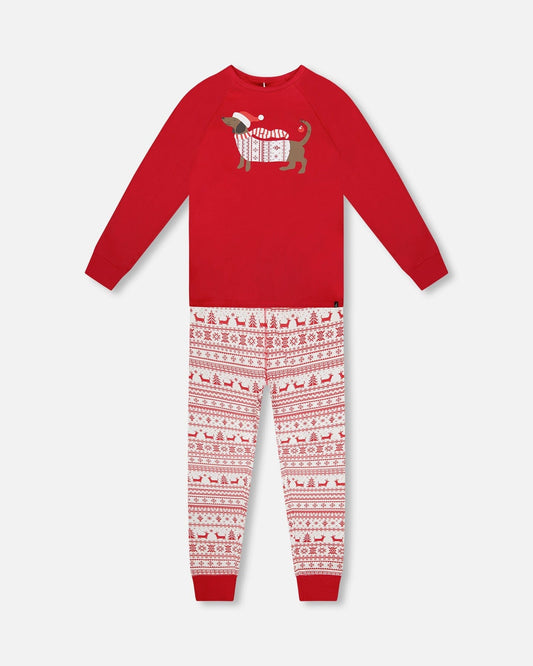 Adult Men Organic Cotton Two-Piece Pajama Set Red And White Fairisle