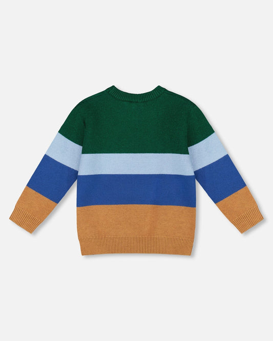 Long Sleeve Knit Sweater Blue, Green And Brown