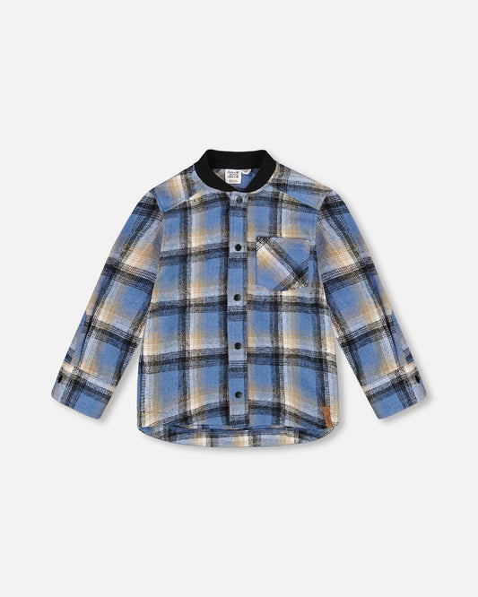 Long Sleeve Brushed Plaid Button Down Shirt Avec Rib Collar