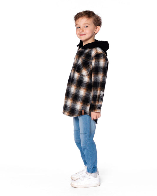 Hooded Polar Fleece Overshirt With Hood Black And Brown Plaid