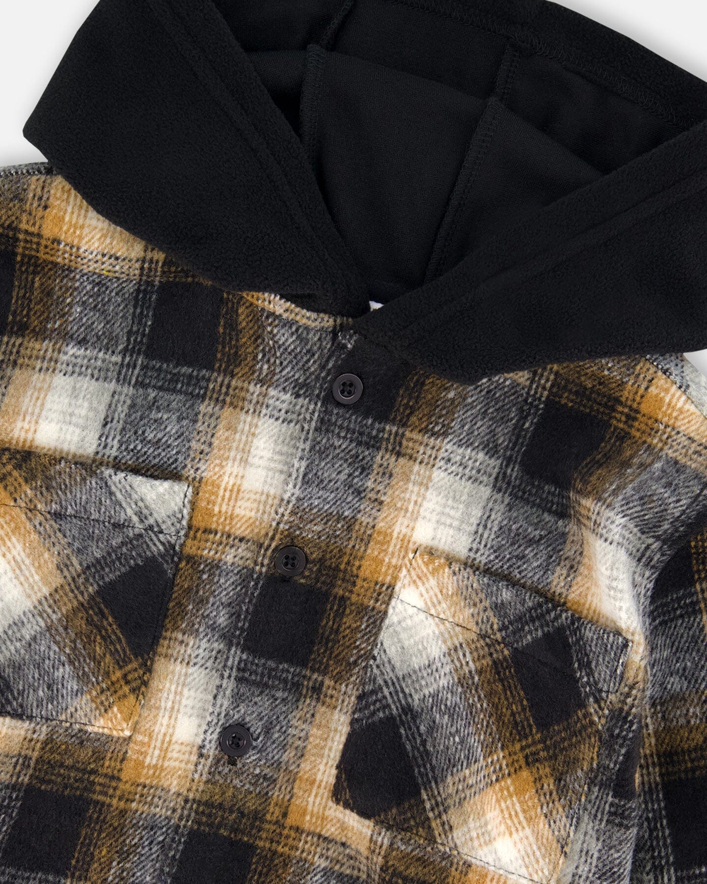 Hooded Polar Fleece Overshirt With Hood Black And Brown Plaid