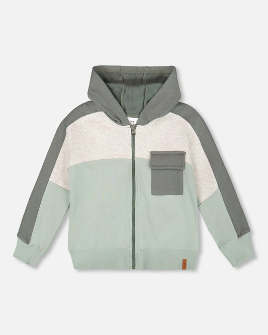 Full Zip Fleece Color Block Sweatshirt Green Gray