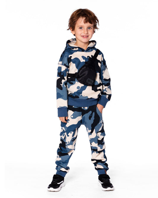 Hooded Fleece Sweatshirt With Crossbody Bag Blue Camouflage