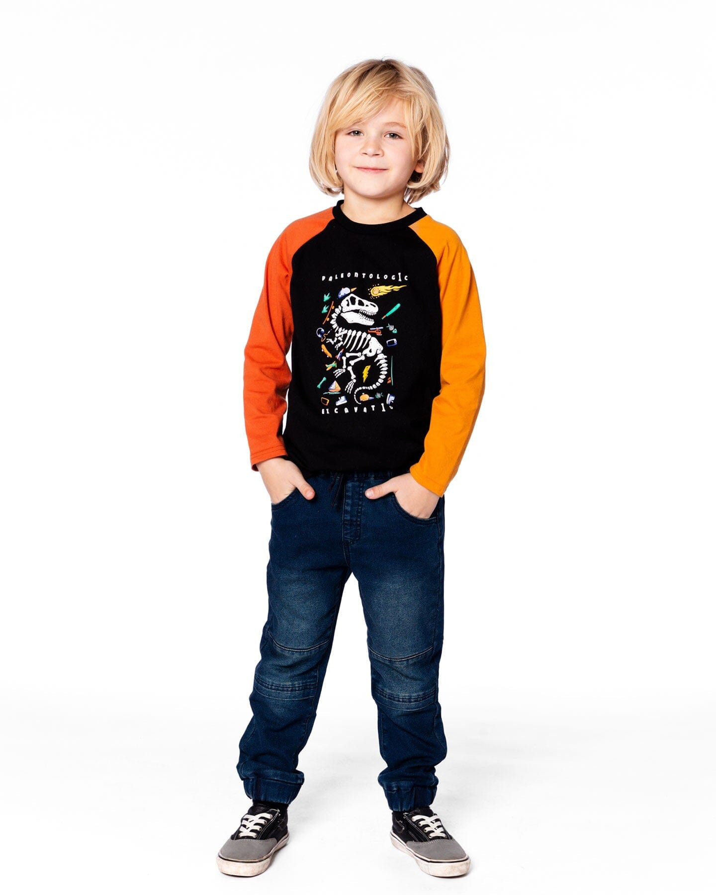 Black Long Sleeve Raglan T-Shirt With Glow-In-The-Dark Dinosaur Print