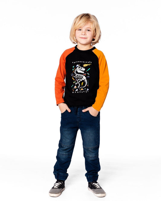 Black Long Sleeve Raglan T-Shirt With Glow-In-The-Dark Dinosaur Print