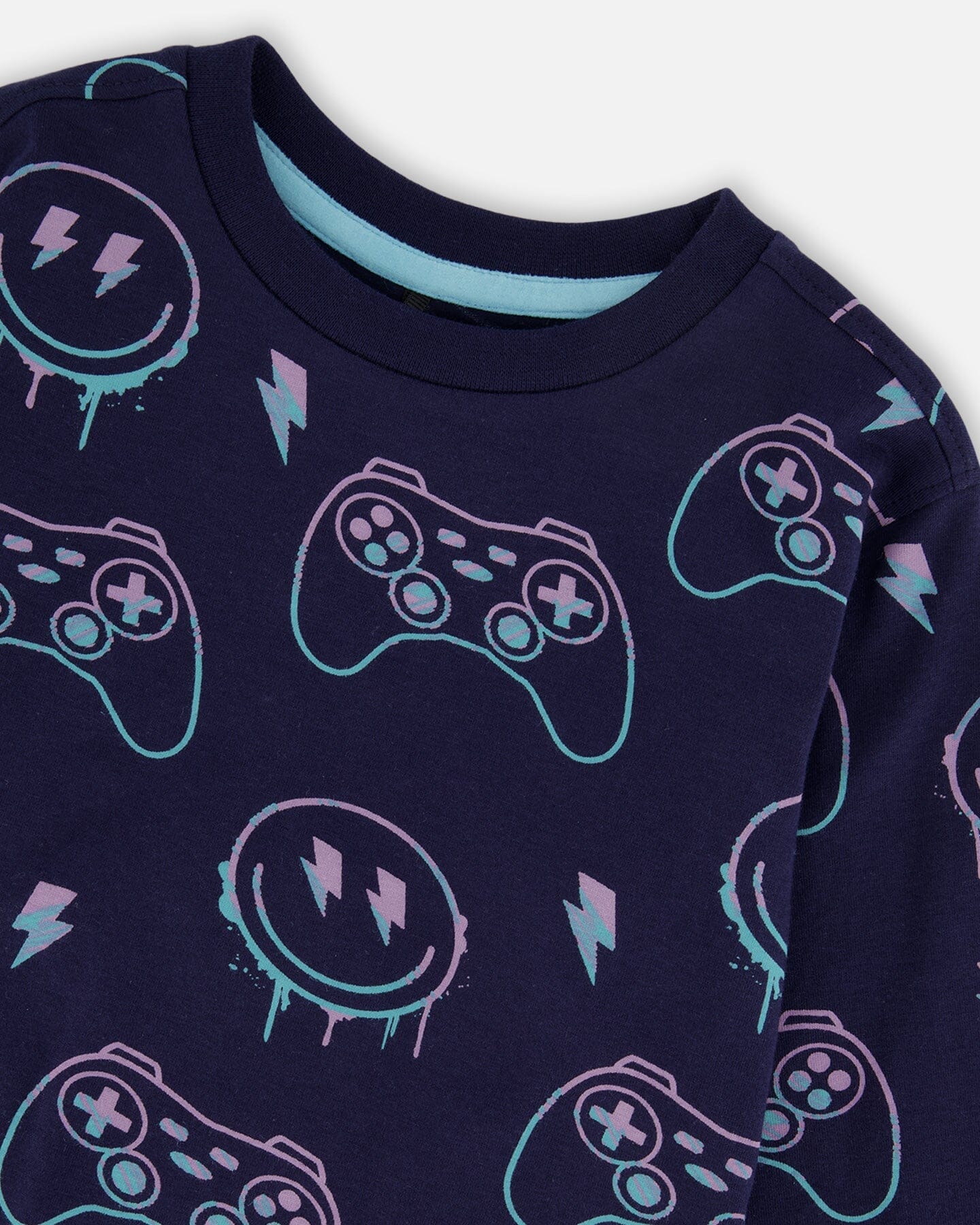 Long Sleeve Organic Cotton Allover Print Tee Navy Blue