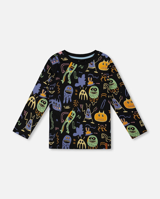 Long Sleeve Organic Cotton Allover Monsters Print Tee