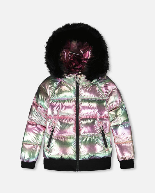 Multicolor Metallic Quilted Bomber-Style Winter Coat