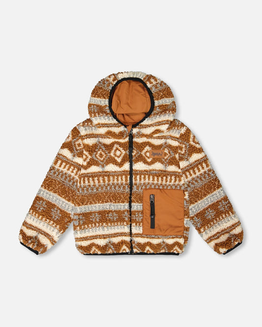 Reversible Mid-Season Sherpa Jacket Brown Aztec Pattern