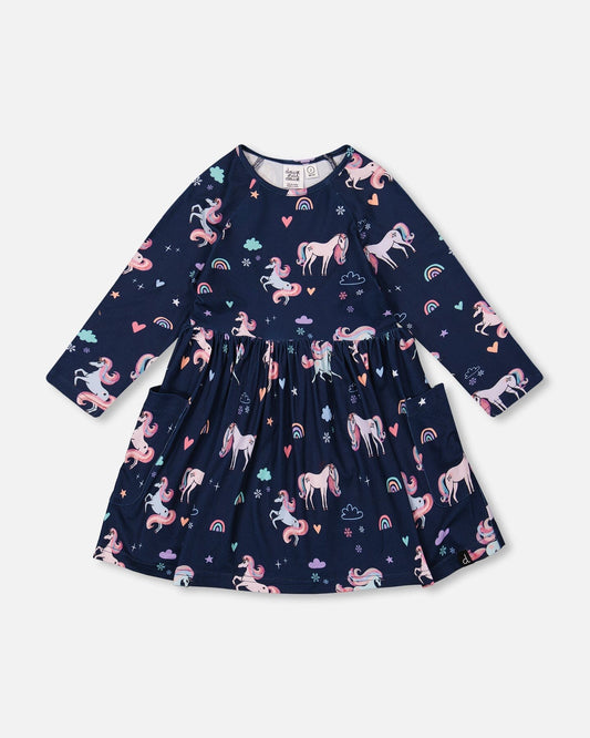 Jersey Dress With Pockets Navy Unicorn Print