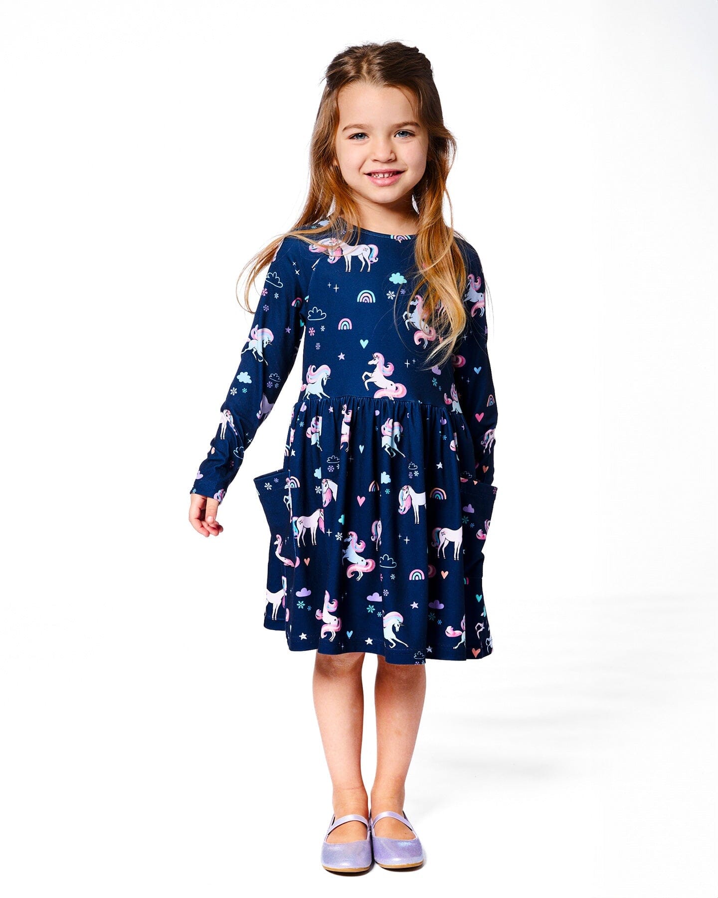 Jersey Dress With Pockets Navy Unicorn Print