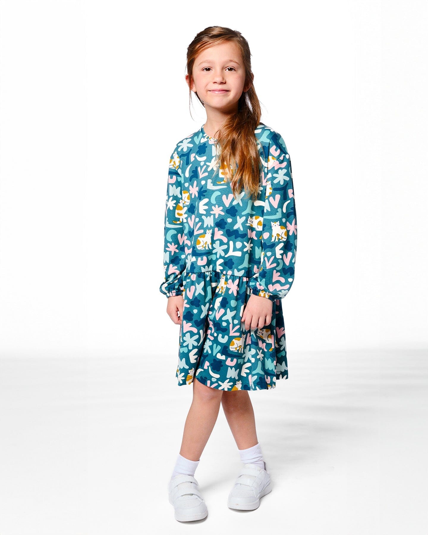 Jersey Dress Green Cat Print