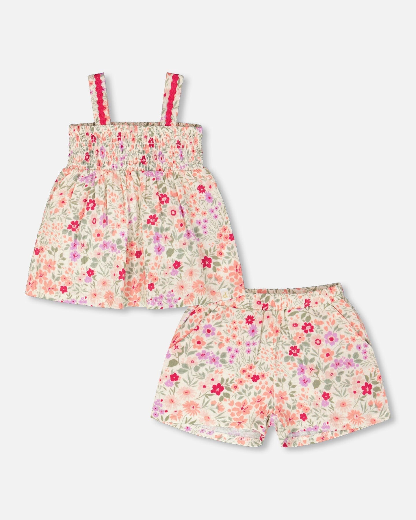 Tank Top With Smocking And Shorts Set In Muslin Off White Printed Flowers