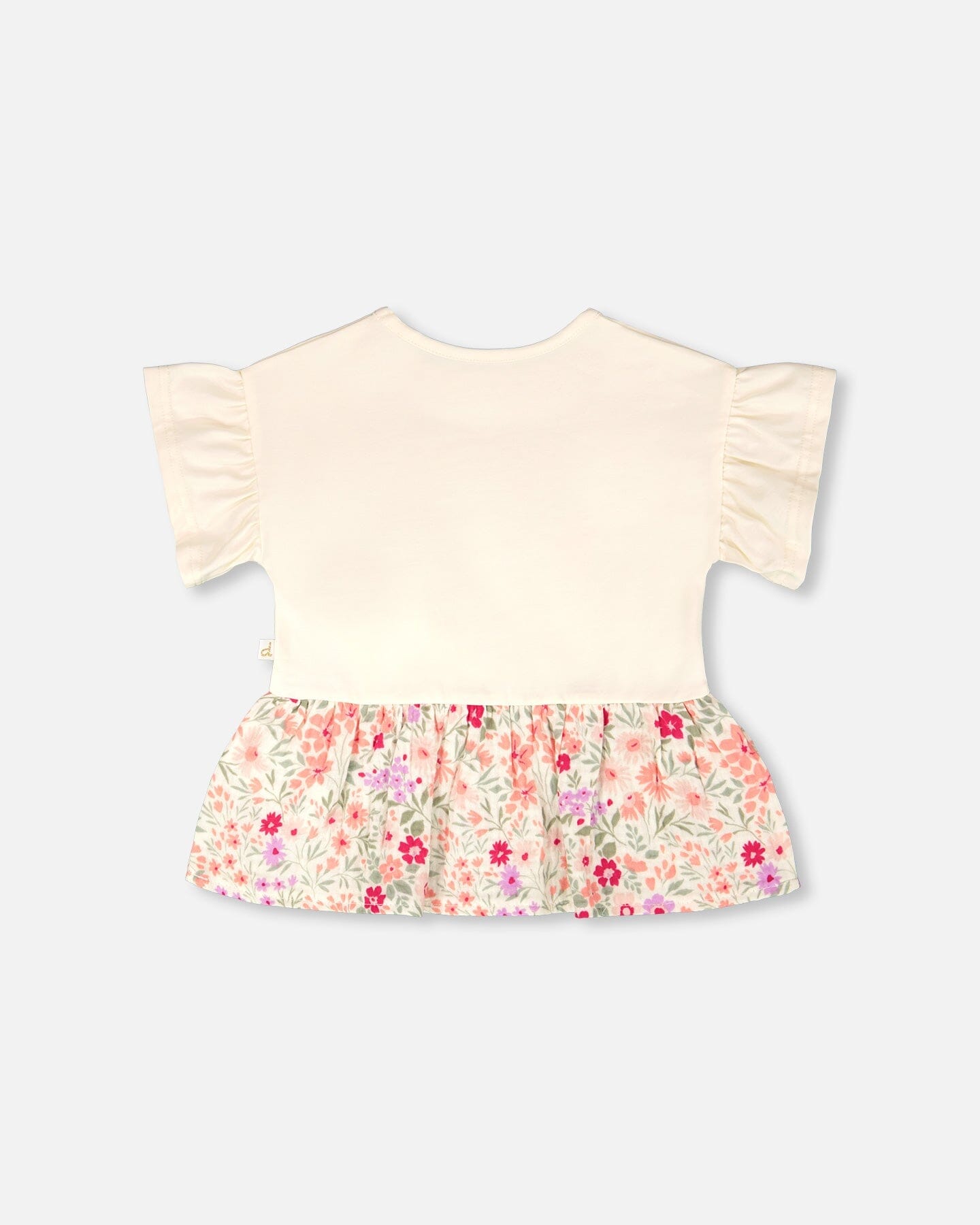 Organic Cotton Bi-Material Tunic Beige Flowers Print