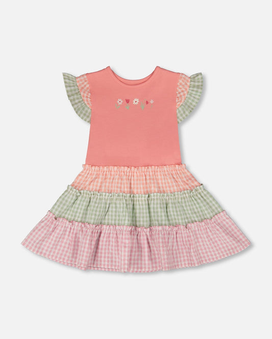 Organic Cotton Bi-Material Dress Coral And Gingham