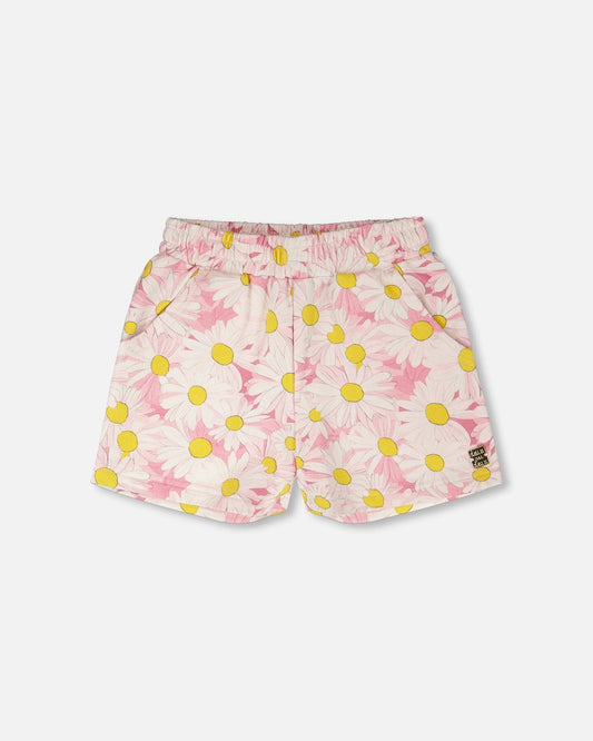 French Terry Shorts Pink Printed Daisies