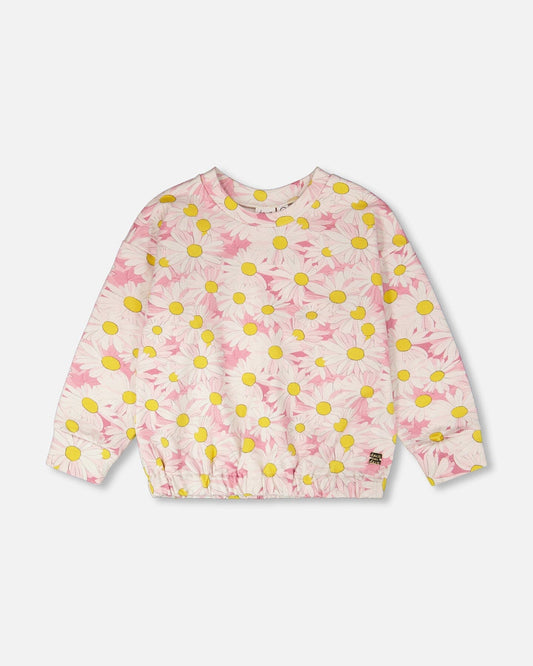 French Terry Sweatshirt Pink Printed Daisies