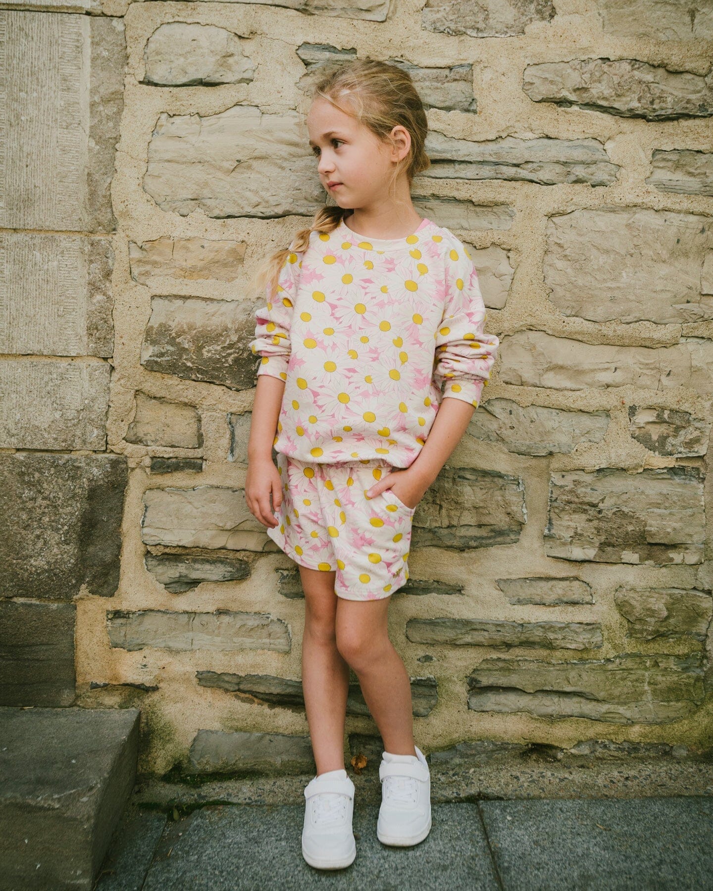 French Terry Sweatshirt Pink Printed Daisies