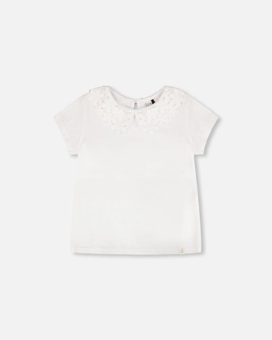 T-Shirt With Crochet Peter Pan Collar White