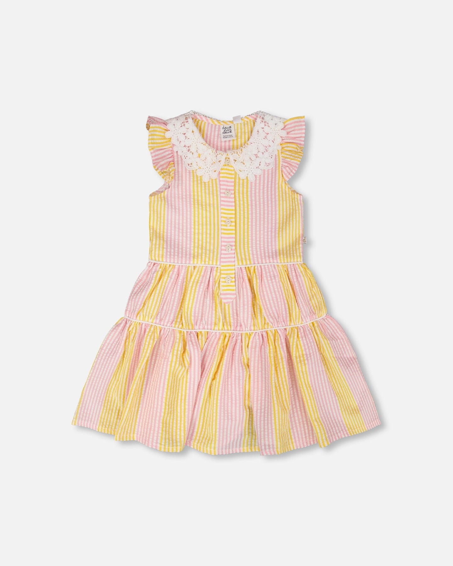 Sleeveless Dress With Crochet Peter Pan Collar Pink And Yellow Stripes